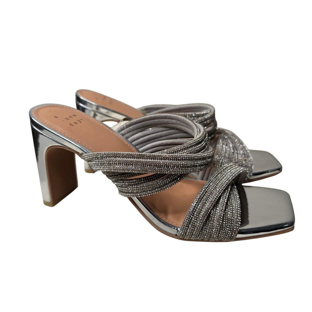 A New Day Sandals Womens 7 Silver Rhinestone Multi Strap Block Heel Mules